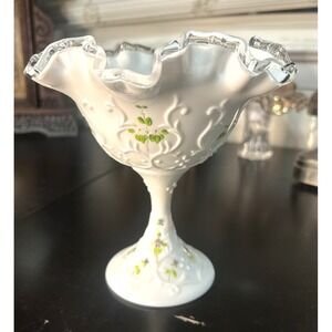 Fenton Violets in the Snow Spanish Lace Compote Signed 1976 C Mackey 6"